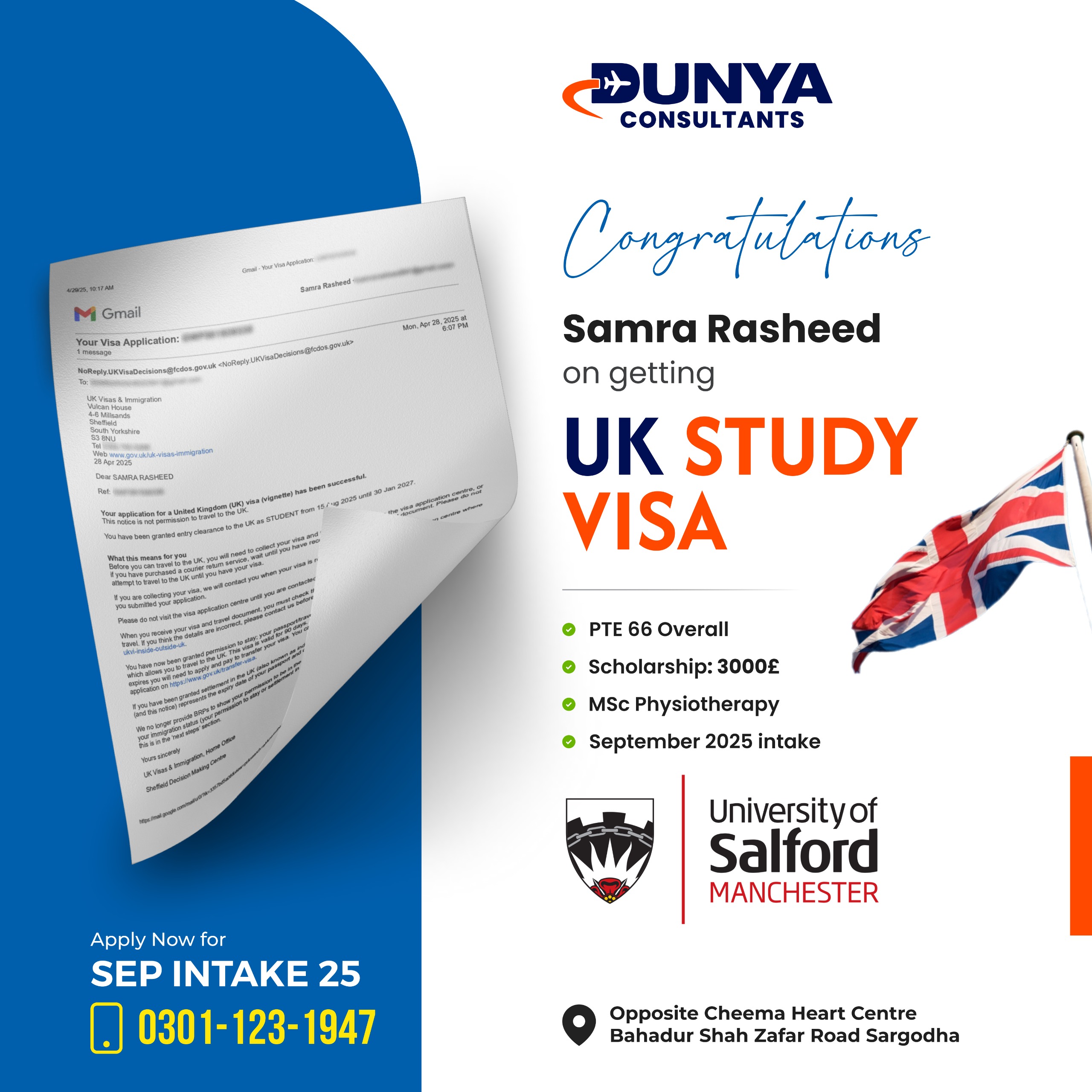 Samra Rasheed UK Visa Approval at University of Salford Manchester - Student Success Stories