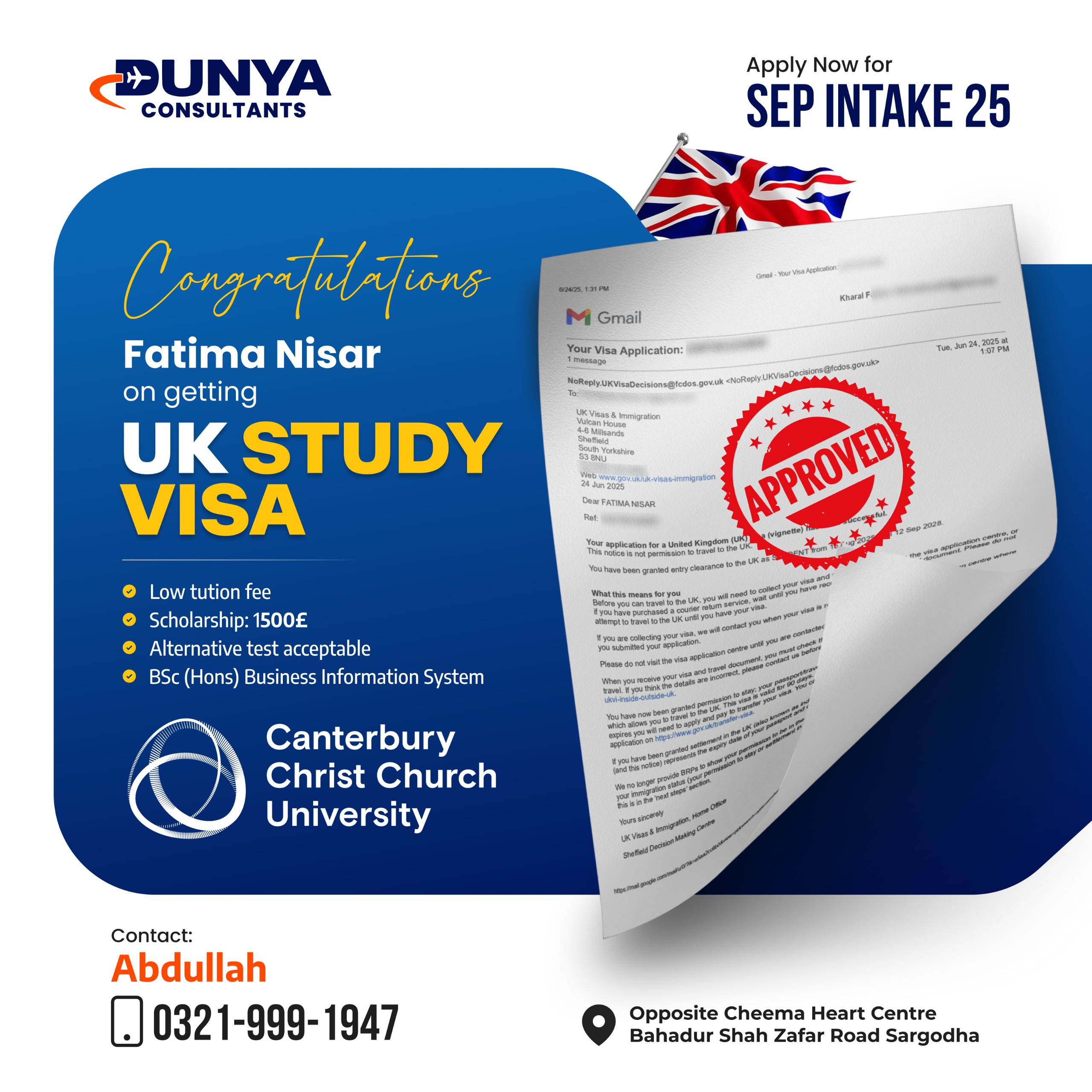Fatima Nisar UK study Visa Approval