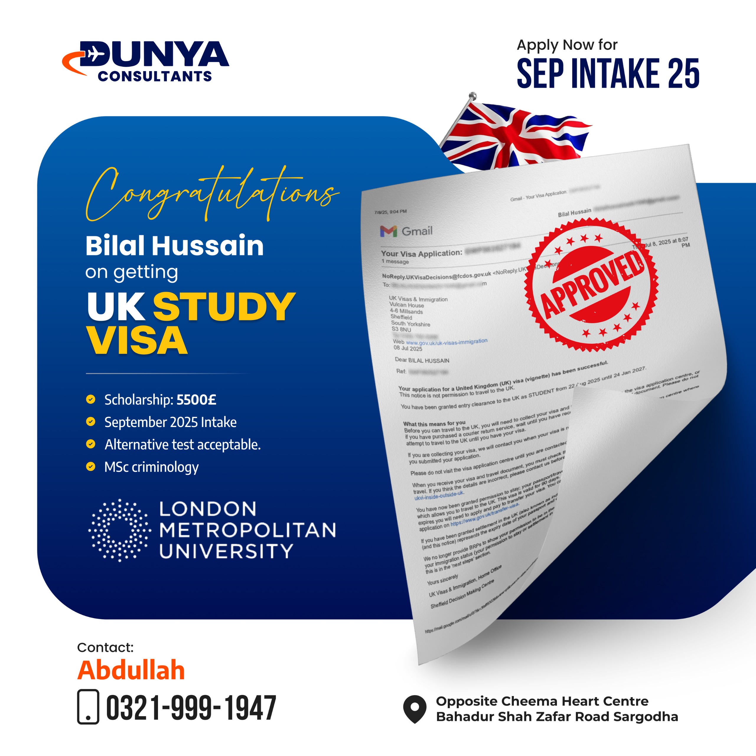Bilal Hussain UK student visa approval at London Metropolitian University