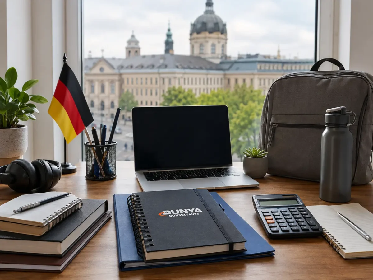 Academic documents and Germany study planning desk for Pakistani students