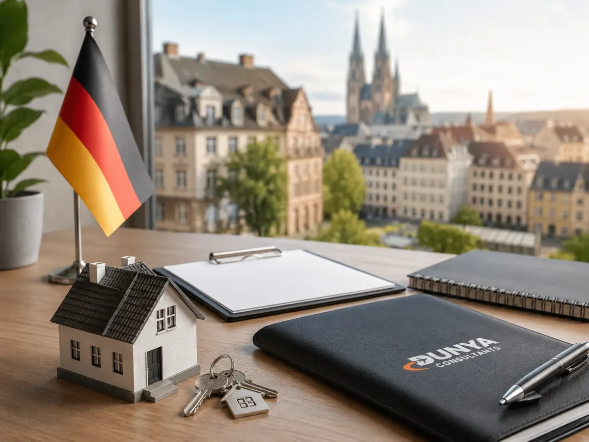 Germany study abroad workspace with laptop, documents, and German city view