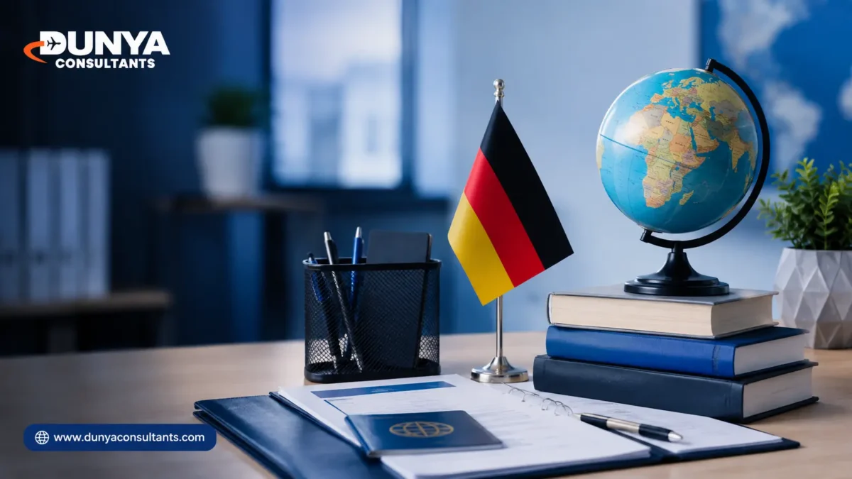 Study in Germany travel preparation with backpack, books, graduation cap, and Dunya Consultants logo