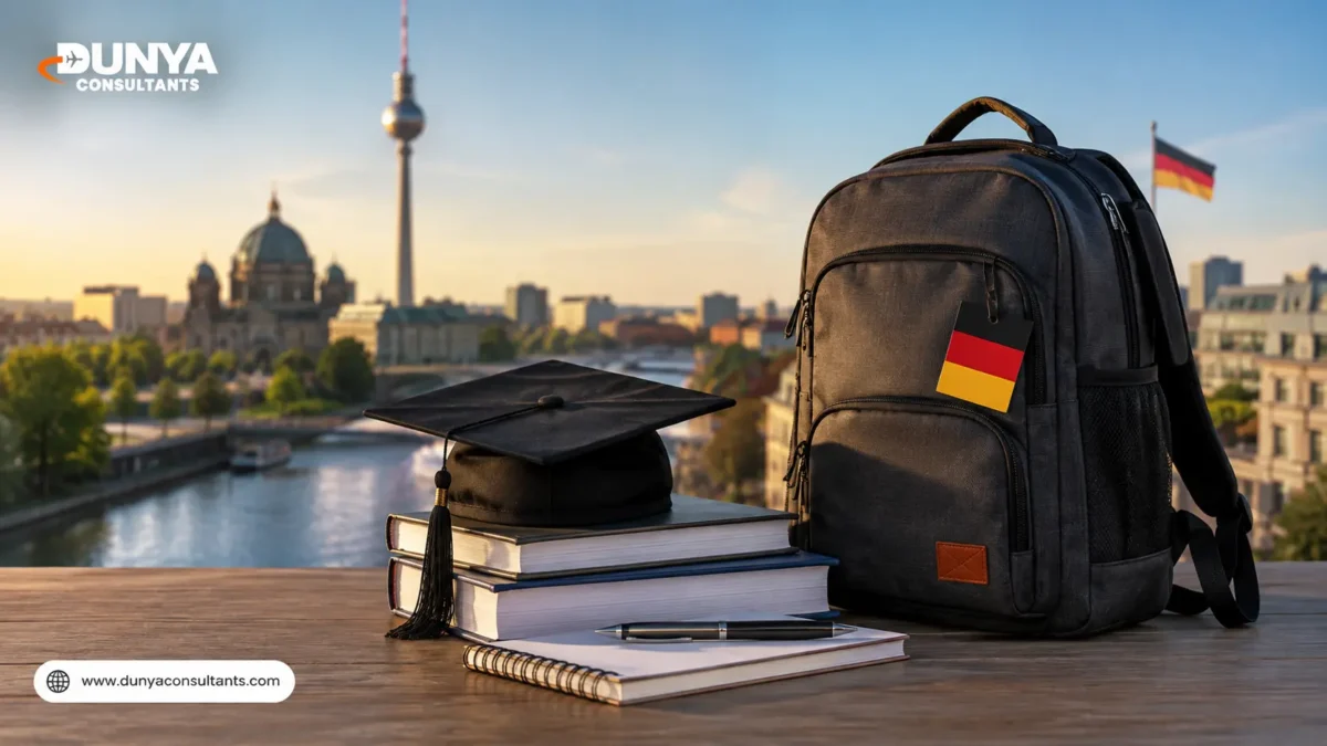Germany study visa planning desk with German flag, documents, and Dunya Consultants logo
