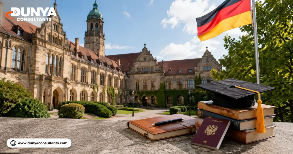Tuition-Free Public Universities in Germany for Pakistani Students 2026 1 Historic German university building with study books, graduation cap, passport, and Dunya Consultants logo