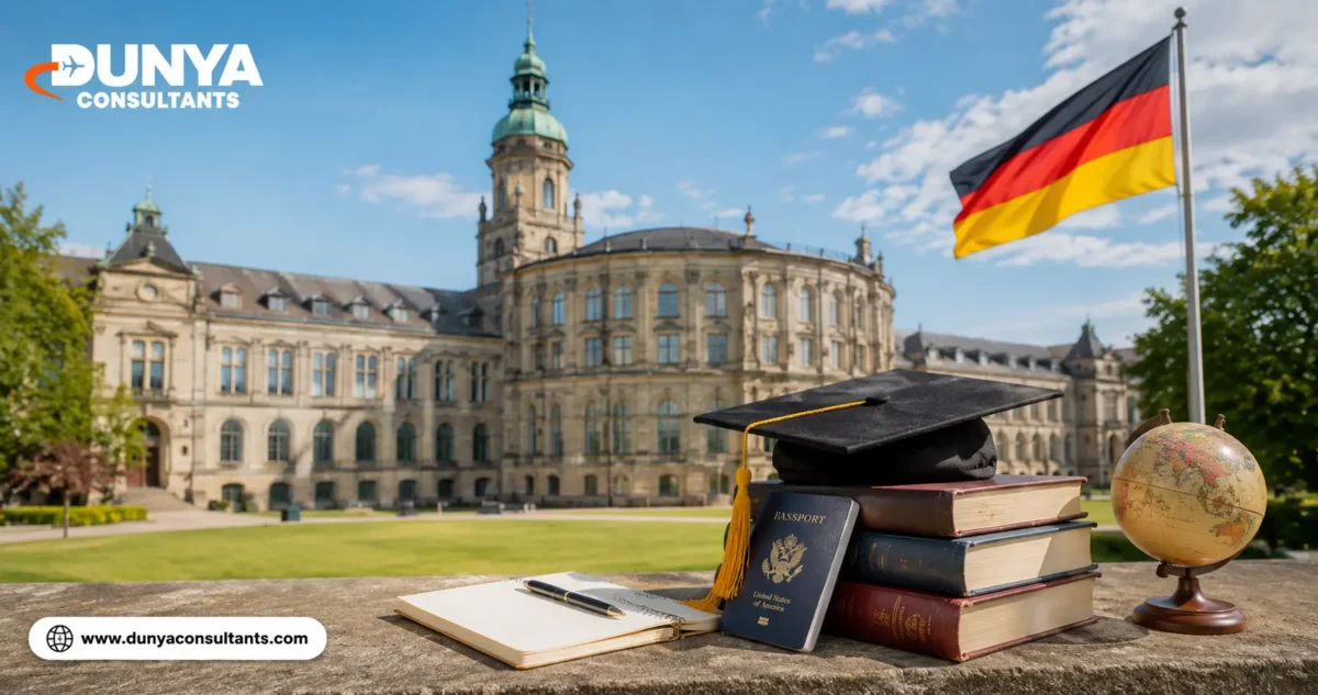 Tuition-Free Public Universities in Germany for Pakistani Students 2026 2 German public university campus with graduation cap, books, German flag, and Dunya Consultants logo